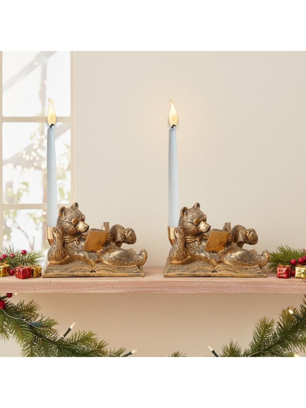 Vintage Gold Animal Candle Holders - Set of 2 Rustic Bear Candlesticks, Easter